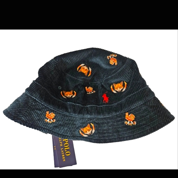 NWT Polo Ralph Lauren Green Corduroy FOX & HEN Embroidered Bucket Hat - L/XL - Picture 2 of 5